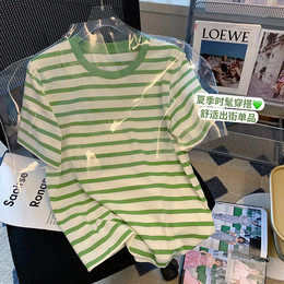 Korean green striped cotton short-sleeved women's summer design sense niche casual all-match thin round neck t-shirt ins tide