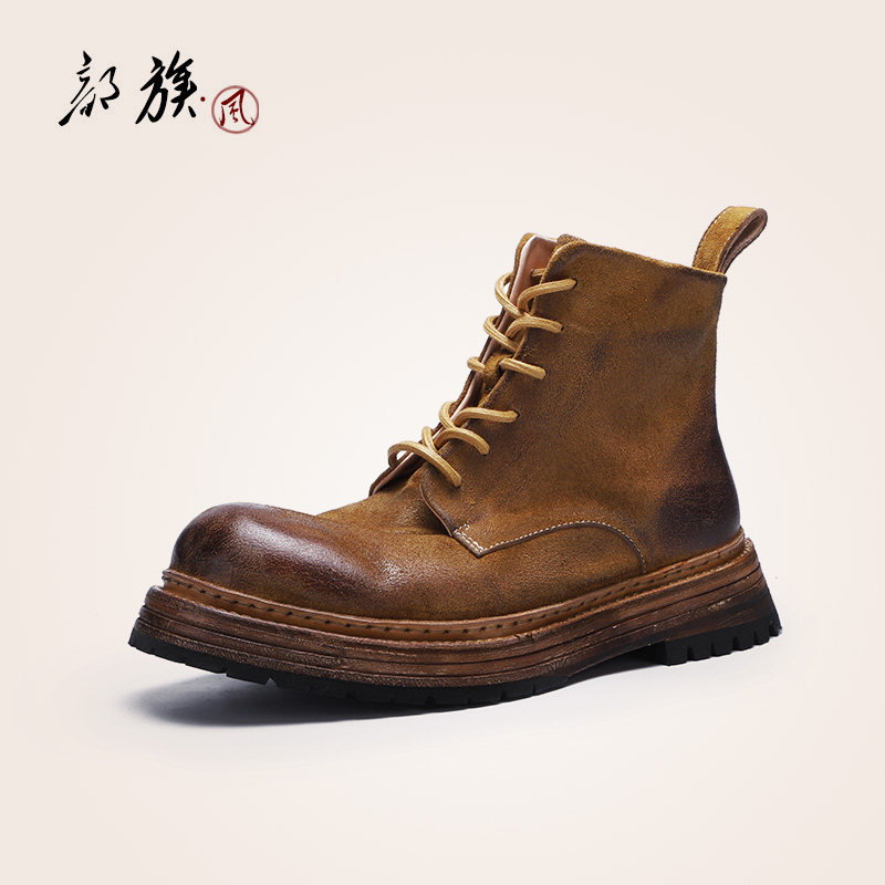 重工水洗马皮靴男士手工固特异侧拉链马丁靴男款厚底增高中筒靴子