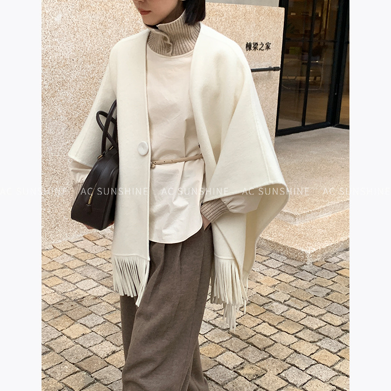 【5天内发货】AC Sunshine骆驼绒桑蚕丝流苏斗篷双面呢羊毛大衣