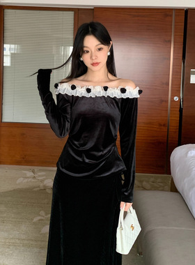 【5天内发货】诠释美法式气质精致性感一字肩长袖丝绒上衣女