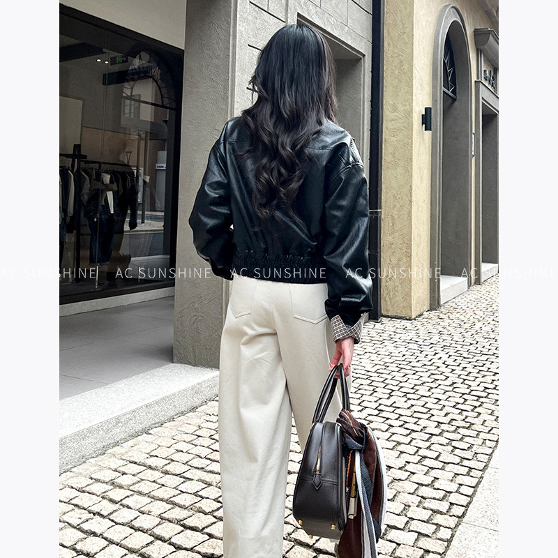 【5天内发货】AC Sunshine秋冬氛围战袍V领褶皱夹克蛋白pu皮外套