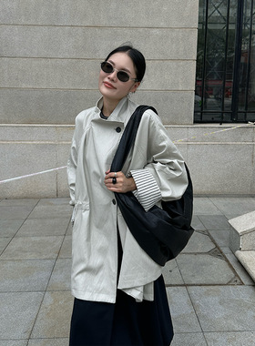 「1.19/春季上新」UNITY MODE 条纹袖口收腰皮衣风衣外套女