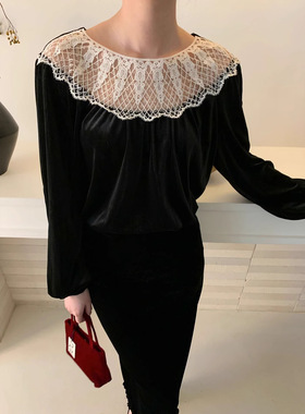 【诠释】NEWOPEN25冬复古法式丝绒衫蕾丝镂空圆领长袖卫衣女