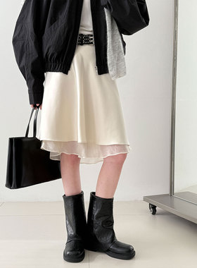 鹿西 韩系温柔风拼接半身裙女2026早春百搭丝滑荷叶边a字裙