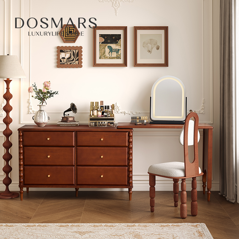 大司马  复古梳妆台卧室格林化妆台转角梳妆台斗柜一体实木化妆桌