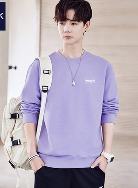 TEEK秋季纯棉卫衣男潮牌帅气 休闲潮流简约字母香芋浅紫色长袖T恤