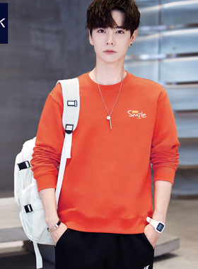 TEEK2026新款春装 橙色青少年感卫衣男生 春季纯棉橘红色长袖T恤
