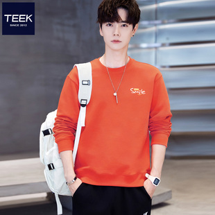 TEEK2026新款春装 橙色青少年感卫衣男生 春季纯棉橘红色长袖T恤