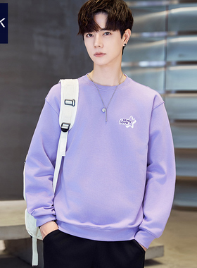 TEEK秋季纯棉卫衣男帅气 秋日多巴胺香芋浅紫色青少年学生长袖T恤