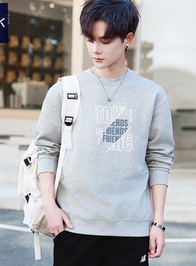 TEEK男士纯棉花灰色套头卫衣 秋季无帽高品质长袖T恤大学生上衣服