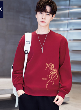 骏马图案 2026马年本命年酒红色卫衣男 新年战袍过年红色加绒衣服