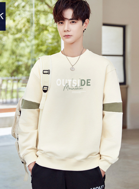 TEEK秋冬季男装纯棉卫衣 阳光杏色加绒加厚青少年感中学生长袖T恤