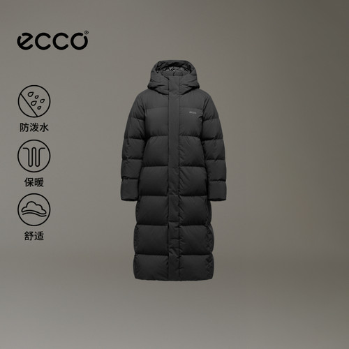 ECCO爱步羽绒服长款女 26新款冬季保暖黑色连帽外套女 ES263J107F