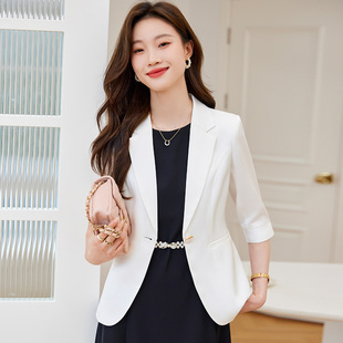 白色小西装外套女薄款七分袖2026年春季新款气质雪纺西服配连衣裙