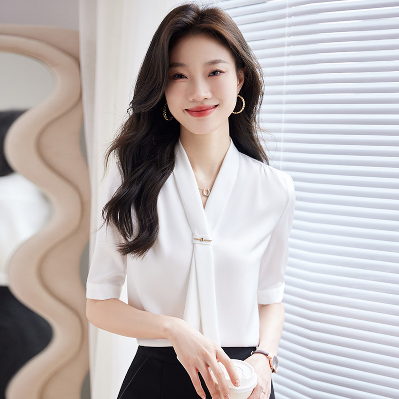 白色衬衫女短袖2026春夏新款工作服V领雪纺职业气质工装上衣衬衣