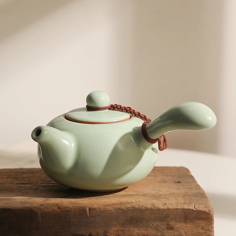 汝窑茶壶陶瓷汝窑茶具小茶壶开片汝瓷功夫茶具红茶泡茶壶侧把西施