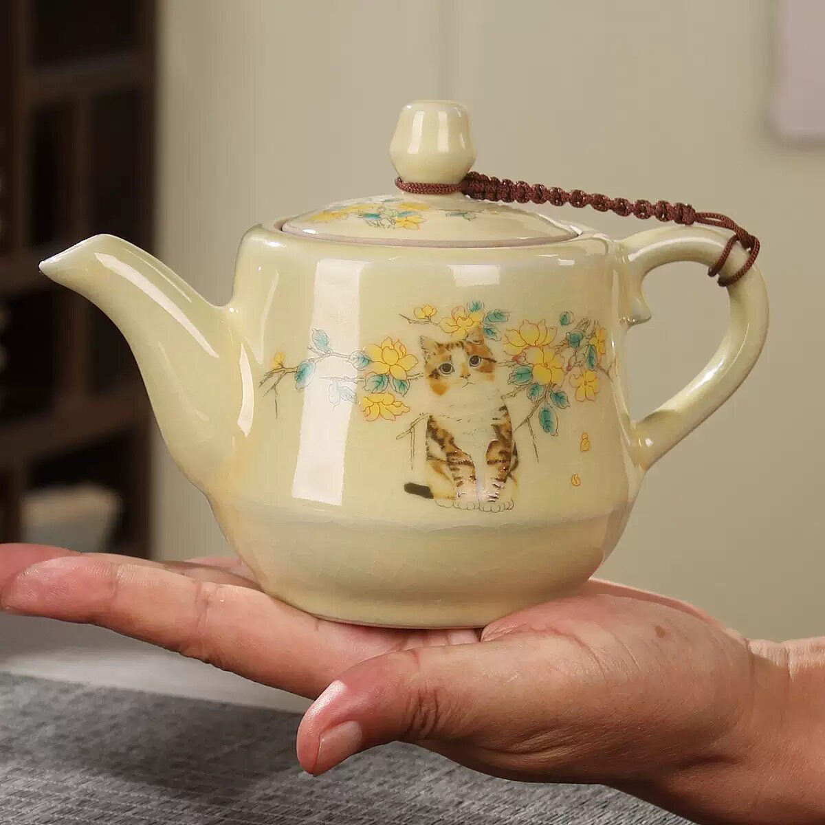 汝窑萌猫西施壶茶壶陶瓷功夫茶具泡茶壶单壶家用手抓壶汝瓷水壶