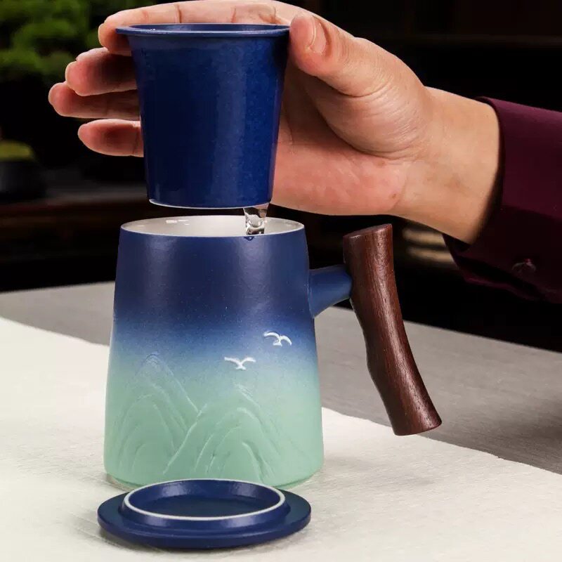 浮雕千里江山茶水分离泡茶杯办公杯带盖过滤水杯个人专用杯子定制