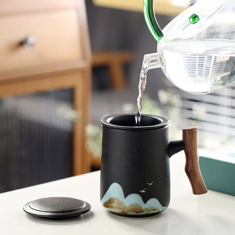 家用茶杯木柄陶瓷马克杯茶水分离办公室泡茶杯带过滤水杯可印logo