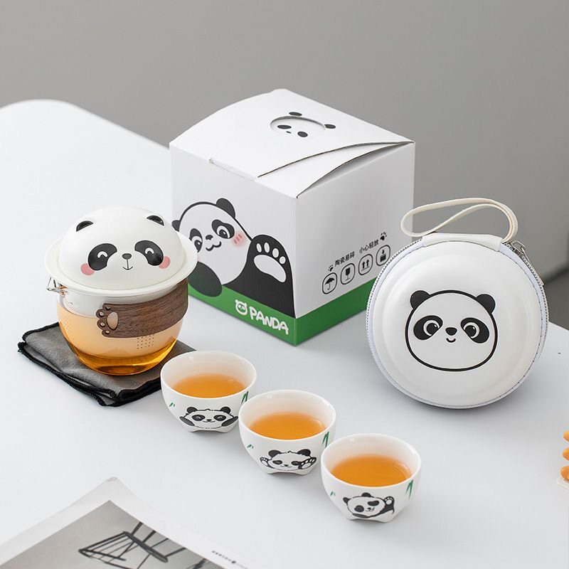 熊猫旅行茶具套装陶瓷便携式快客杯一壶三杯户外露营随身茶壶茶杯