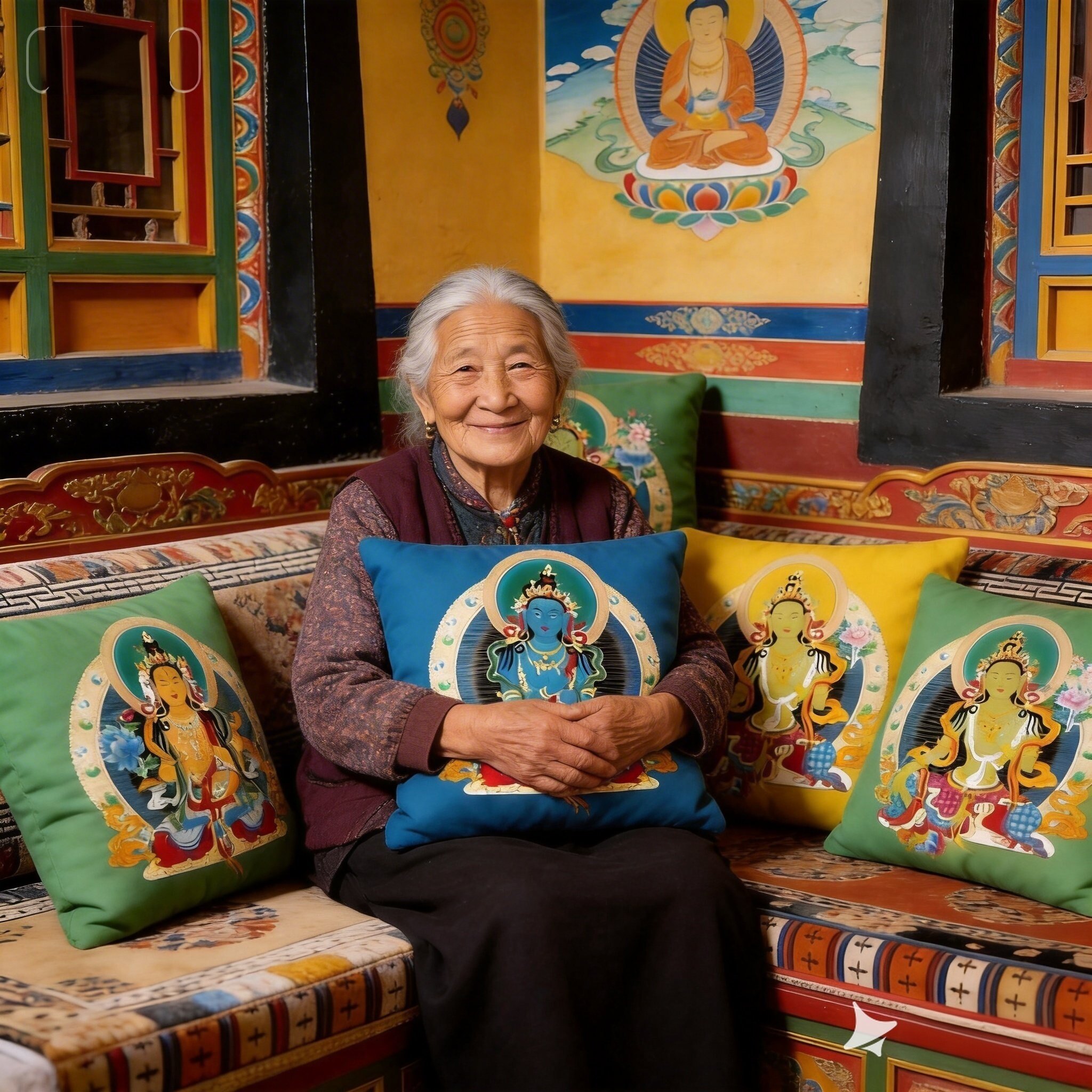 藏式唐卡佛像客厅靠垫绿度母民族风办公室抱枕红木沙发茶室靠枕背