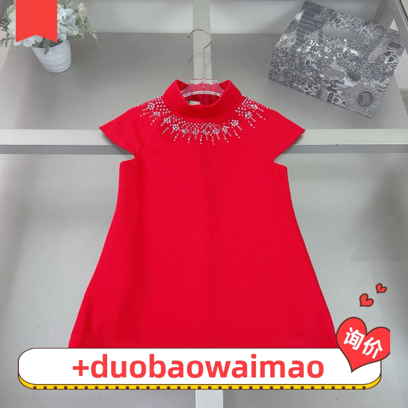 2025秋冬新款女童红色立领短袖连衣裙儿童礼服裙