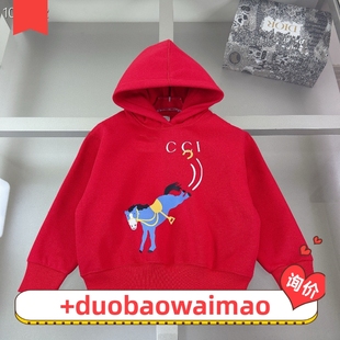 大红色宽松洋气上衣小马图案 新款 2025新款 儿童连帽卫衣加绒冬装