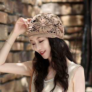 头巾女包头帽蕾丝遮白发薄款 夏季 镂空手工贝雷帽 2025新款 帽子女款