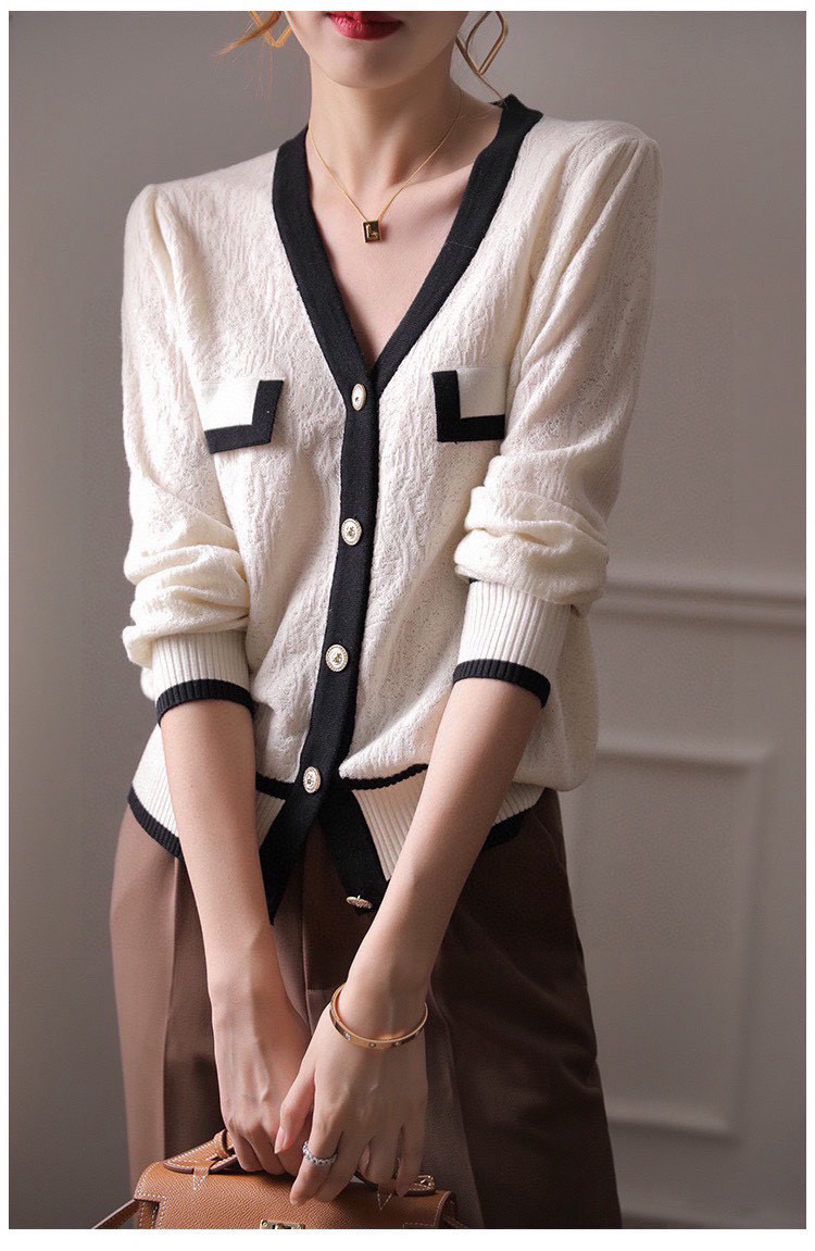 长袖上衣羊毛针织开衫小香风v领