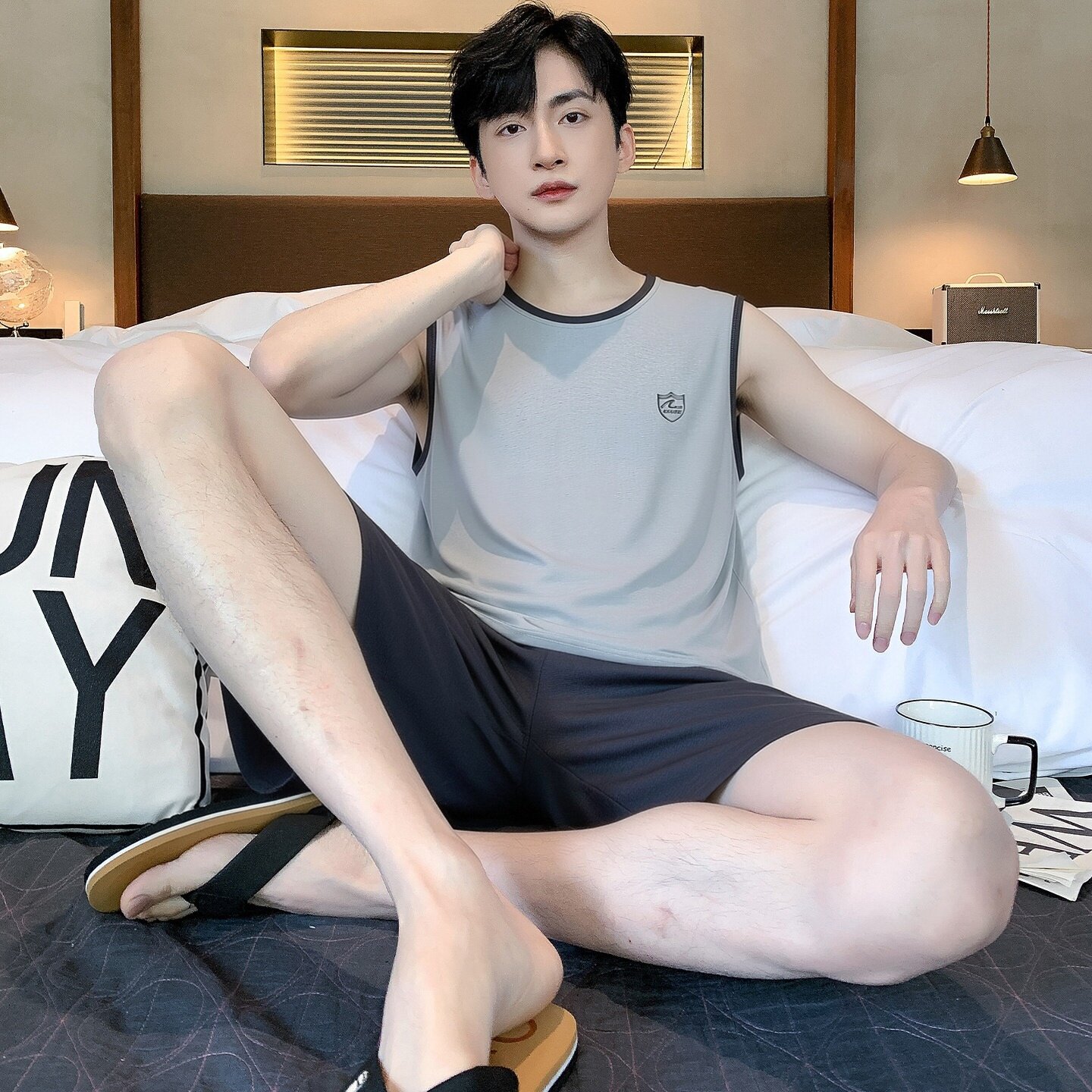 芬腾可安莫代尔睡衣男士无袖背心短裤薄款运动款可外穿家居服男款