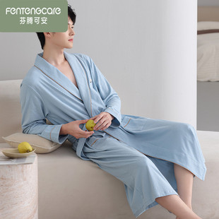 芬腾可安男士睡袍纯棉长袖薄款春秋季男款浴袍晨袍加大码男款战袍
