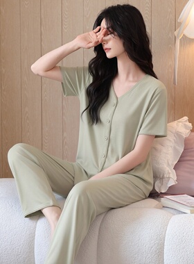 芬腾可安夏季女士莫代尔绿色睡衣V领短袖长裤薄款中年妈妈家居服