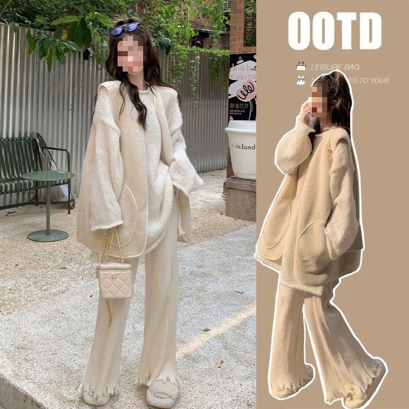 韩版孕妇装慵懒风针织毛衣休闲秋冬季三件套遮肚子一整套洋气套装