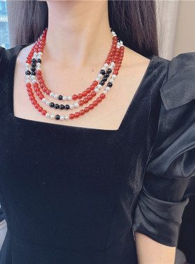 法式复古红色串珠锁骨链