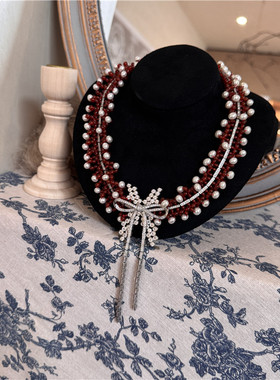 法式蝴蝶结红玛瑙淡水珍珠锁骨链