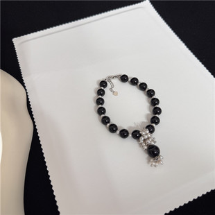 新款天然黑玛瑙镶嵌珍珠手链小众设计个性时尚手工编织气质手串女