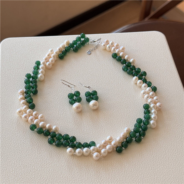 绿玉髓搭配淡水珍珠项链女耳环套装轻奢高级感手工编织锁骨链首饰,珠宝/钻石/翡翠,颈饰,淘宝优惠券,粉丝福利购,淘宝优惠卷