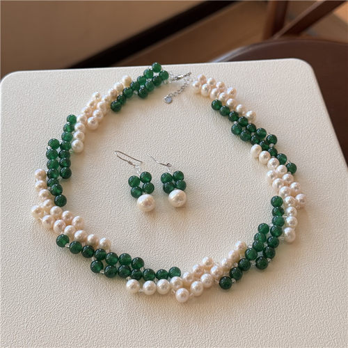 绿玉髓淡水珍珠手工编织首饰套装