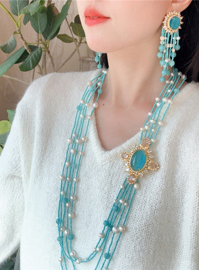 蓝色系多层珍珠毛衣链耳环套装女