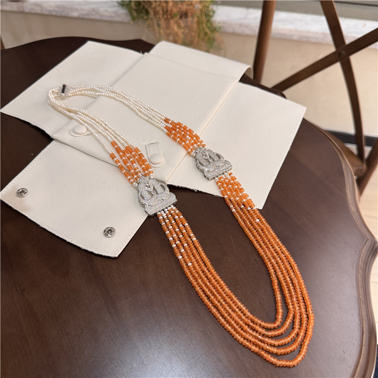 天然珍珠搭配橙色玉长款多层项链