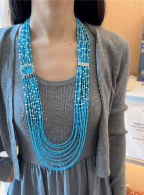 蓝色多层珍珠毛衣链复古高级感女