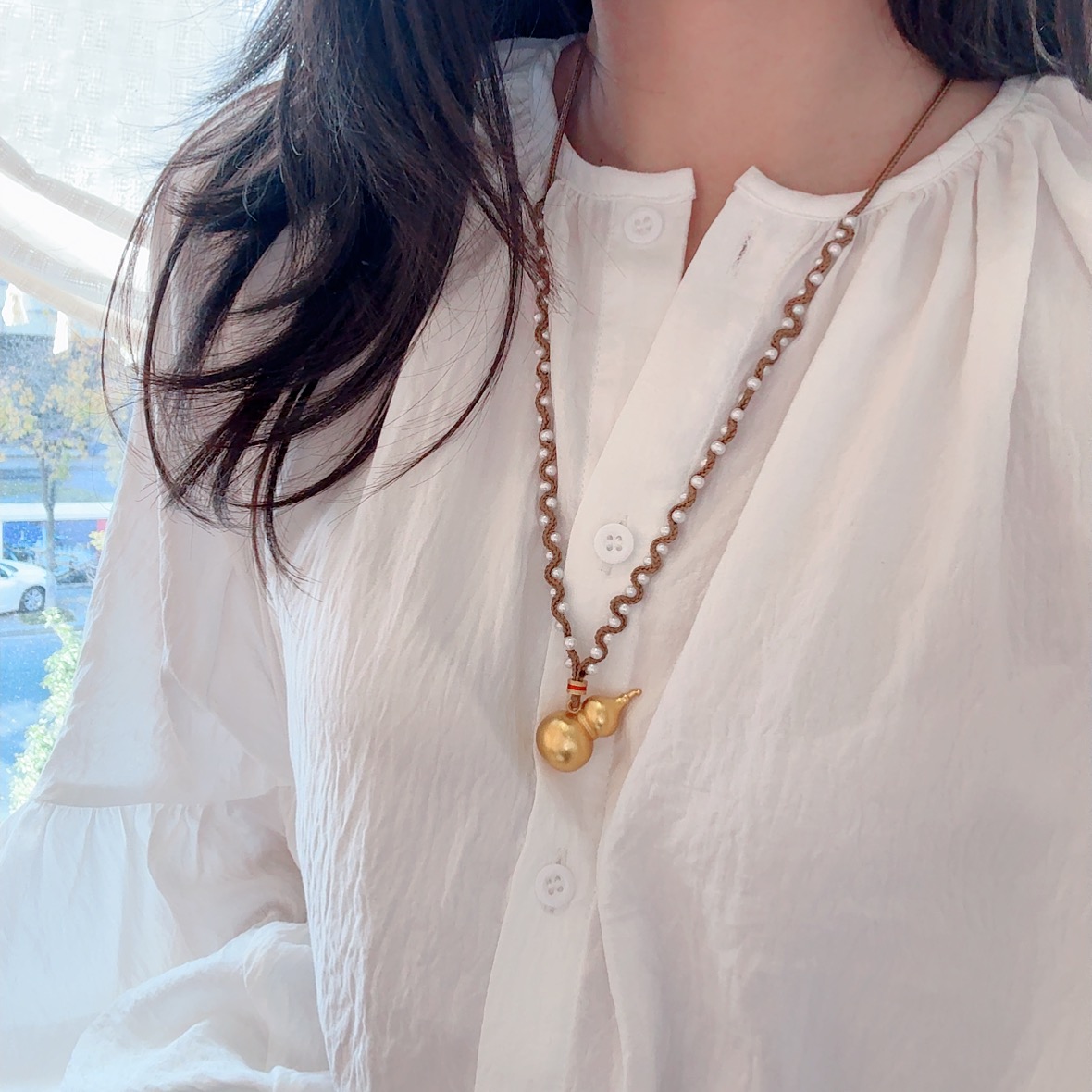 天然淡水珍珠项链小众设计手工编织葫芦吊坠简约百搭个性毛衣链女