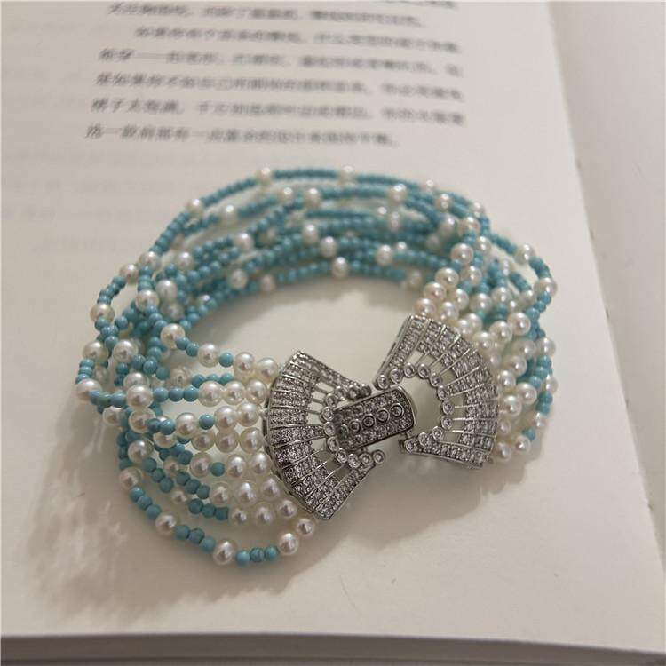 天然淡水小珍珠蓝色松石手链小众设计高级感轻奢手串多层手饰女款