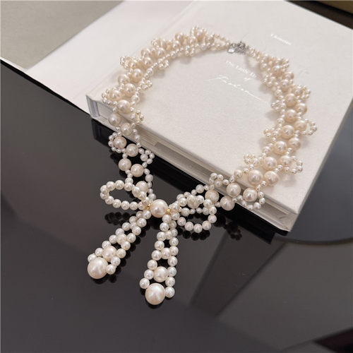 手工编织蝴蝶结珍珠项链高贵气质