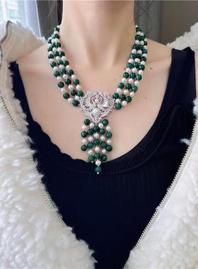 绿色首饰女高级毛衣链女珍珠多层