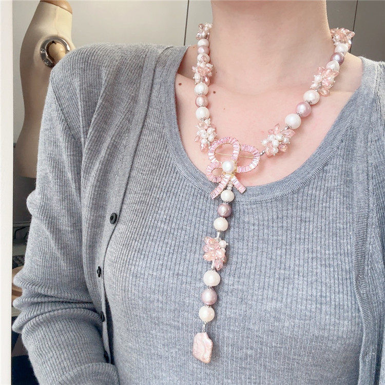 首饰个性轻奢毛衣链珍珠粉色豪华