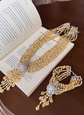 黄色多层珍珠项链手链流苏套装女