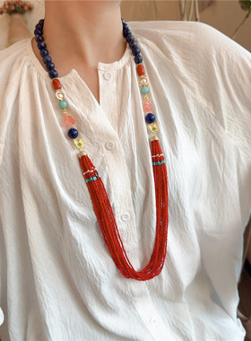 青金石红色海竹多层长款毛衣链女