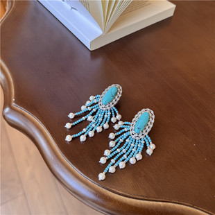 天然淡水珍珠镶嵌绿松气质长款串珠流苏耳饰女复古轻奢耳环送女友