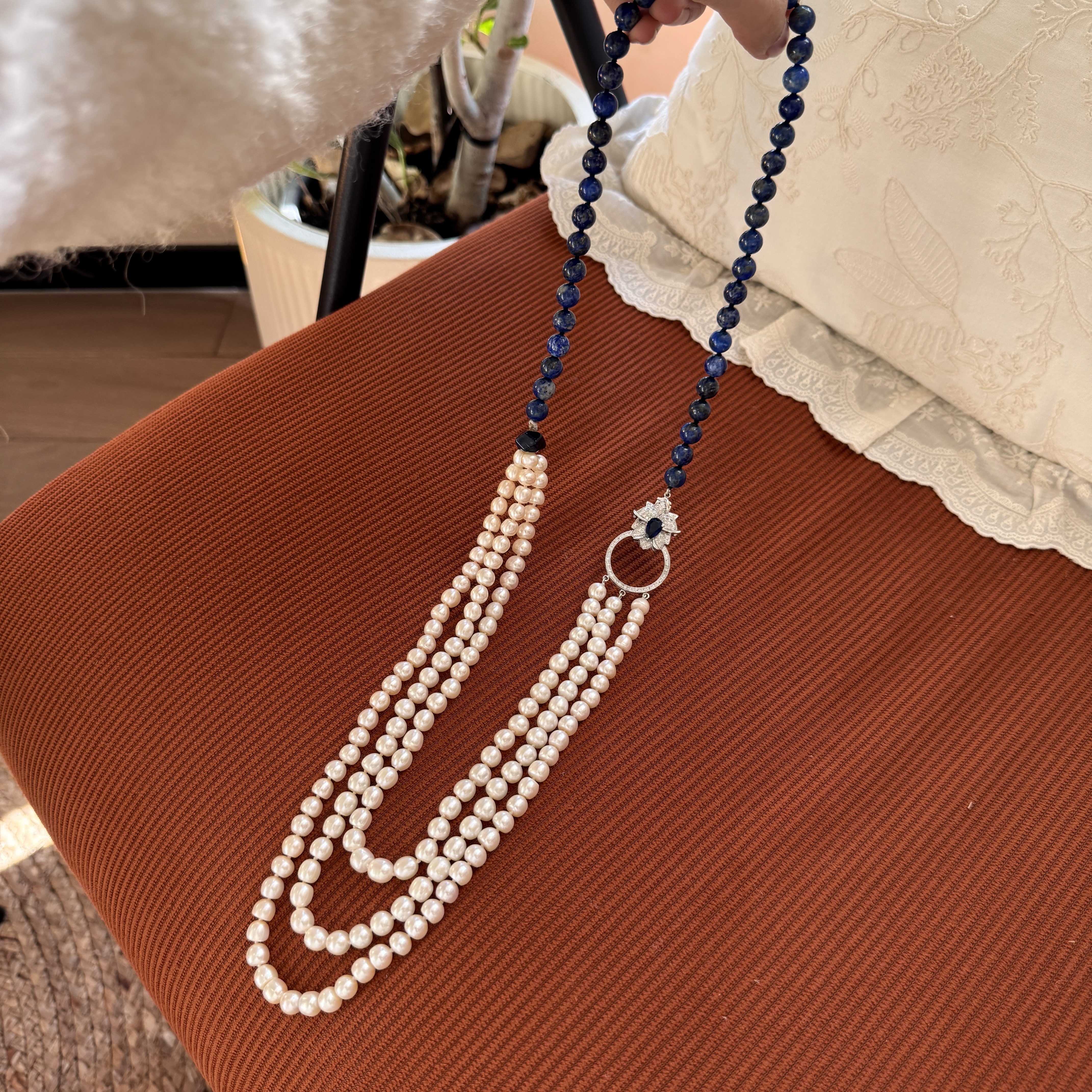 天然珍珠青金石多层长款毛衣链女